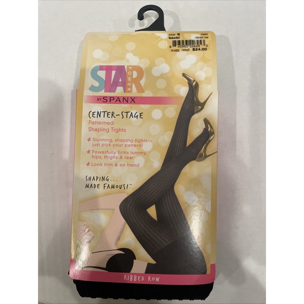 Star Power by Spanx Patterned Shaping Tights Size E Black Ribbed Row New in Box